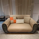 Beige Tufted Leather Sofa Collection with Yellow Velvet Accent Chairs & Stainless Steel Frames